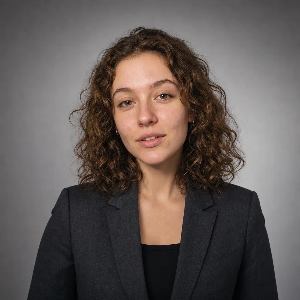 Turn this casual selfie into a professional business headshot — charcoal blazer over a simple top, soft studio lighting, neutral grey backdrop, straight-on framing. Keep her exact face, curly hair, and natural smile.