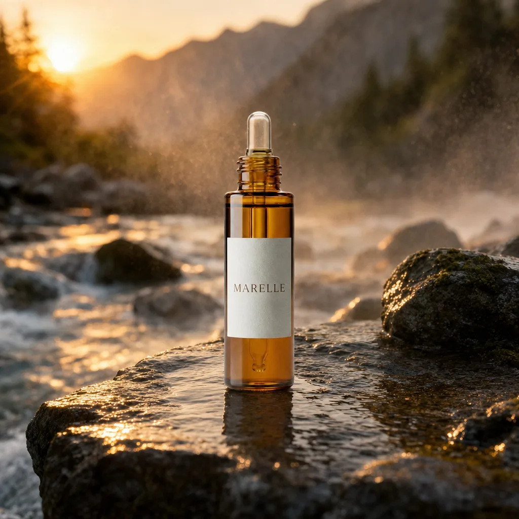 Move this serum bottle onto a wet dark slate ledge beside a mountain stream at golden hour, soft spray mist behind. Keep the bottle's shape, label text, materials, reflection, and scale exactly as they are.