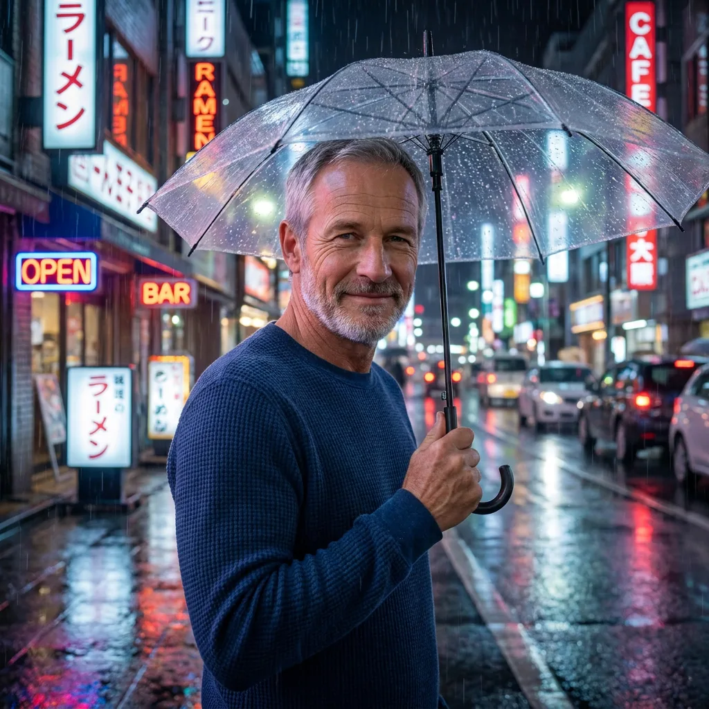 Place the same man on a rainy city street at night holding a clear umbrella, neon shop signs glowing behind him — same face, same grey hair and beard, same calm expression. Change nothing about who he is.
