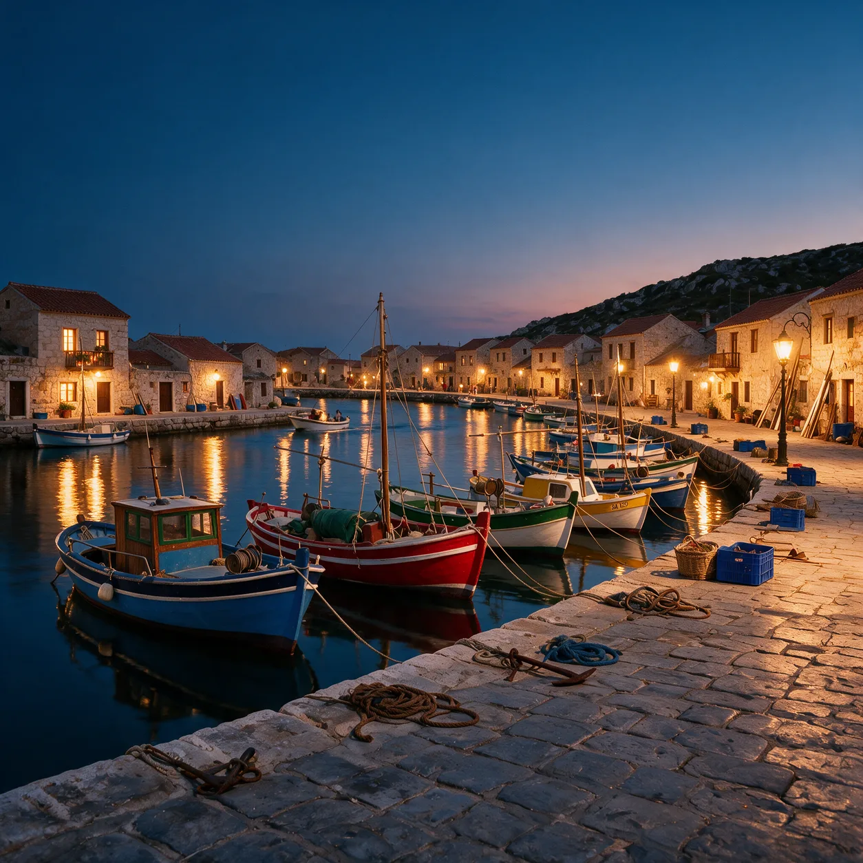 Relight this harbor from bright midday to just after sunset — deep blue sky, warm lamps along the quay, lit windows, calm water mirroring the lights. Keep every boat, building, and the framing unchanged.