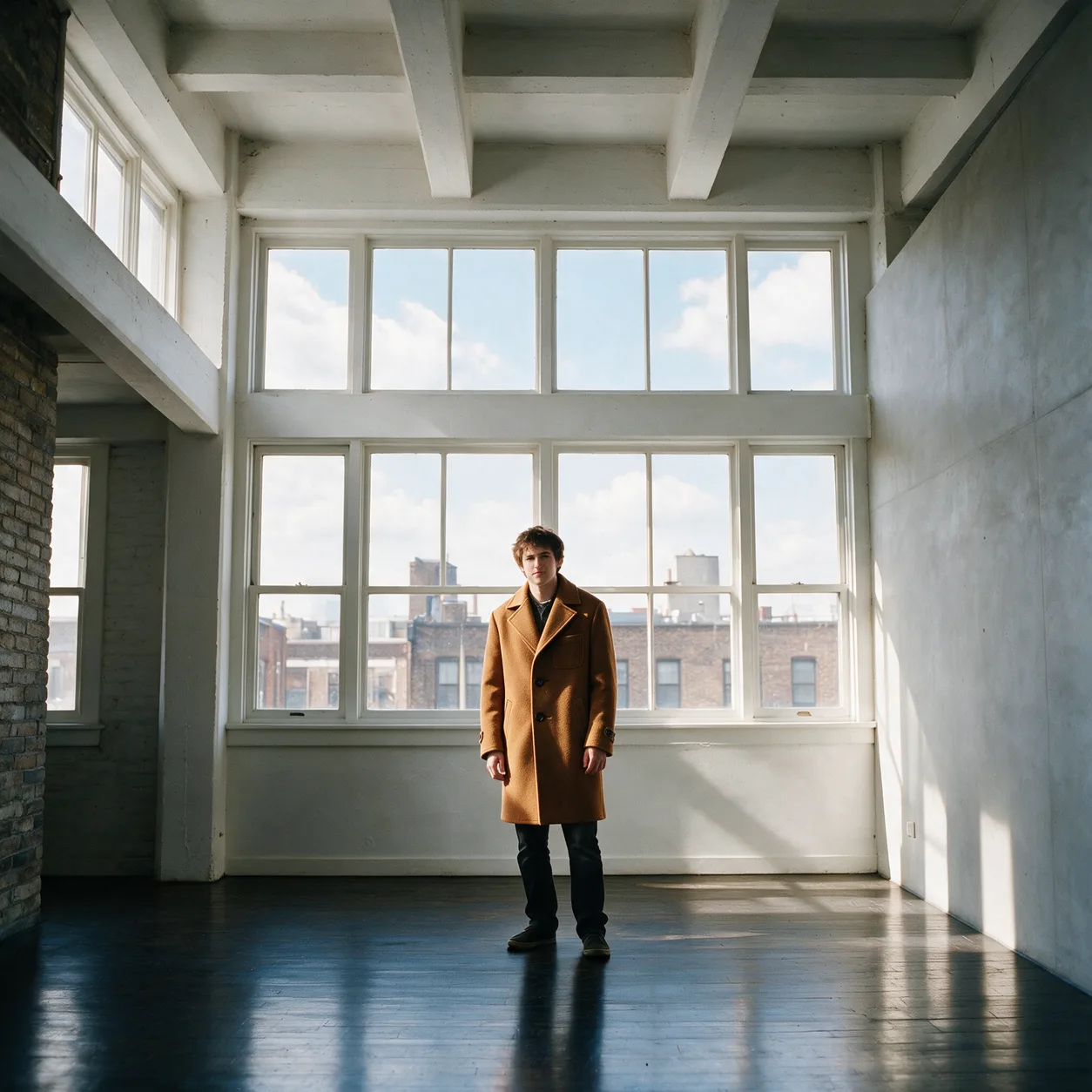 Dress the man from the first photo in the coat from the second photo. Keep his face, pose, jeans, and the studio background; fit the coat naturally with correct drape, scale, and lighting.