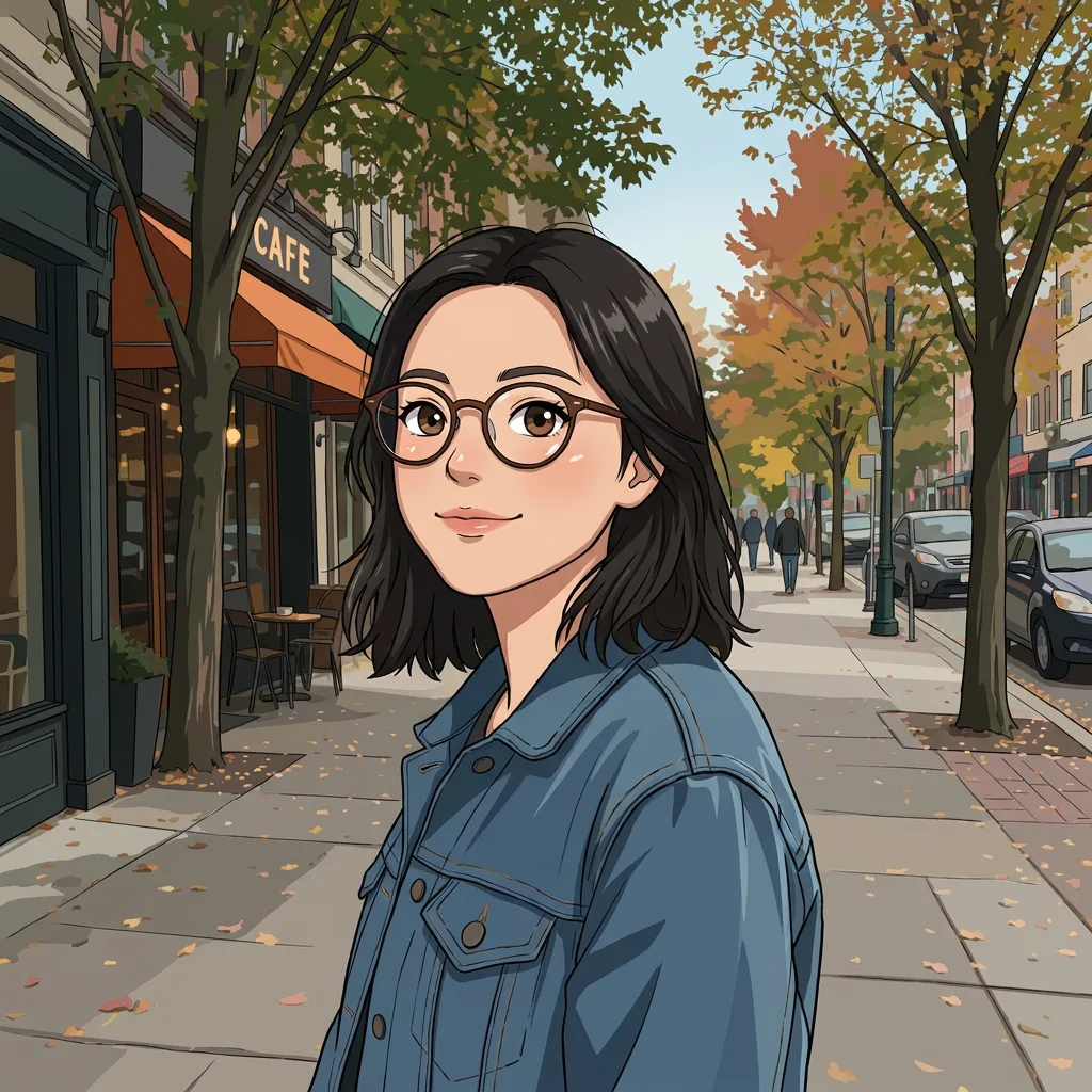 Turn this photo into a clean modern anime illustration — cel shading, crisp line art, expressive eyes. Keep her identity, hairstyle, glasses, denim jacket, pose, and the street behind her recognizable.