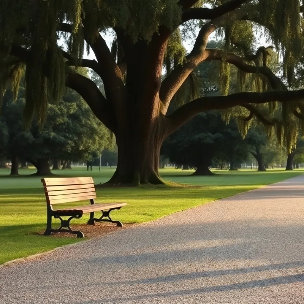 Remove the fallen scooter and the traffic cone, rebuilding the gravel path naturally. Keep the bench, tree, light, shadows, and framing untouched.