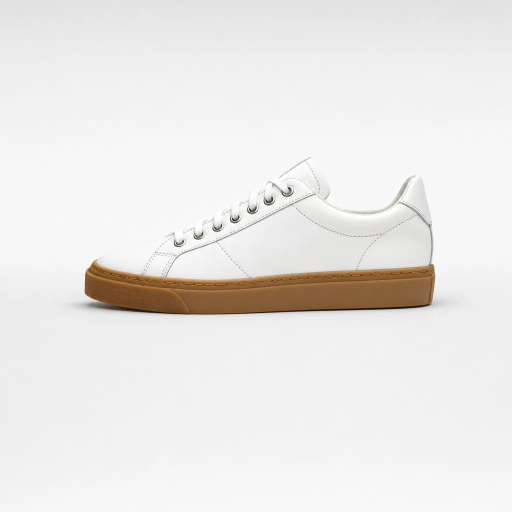Turn this pencil sketch into a studio product photo of the sneaker — white leather, gum rubber sole, soft key light on a seamless light-grey backdrop. Follow the sketch's exact silhouette and proportions.