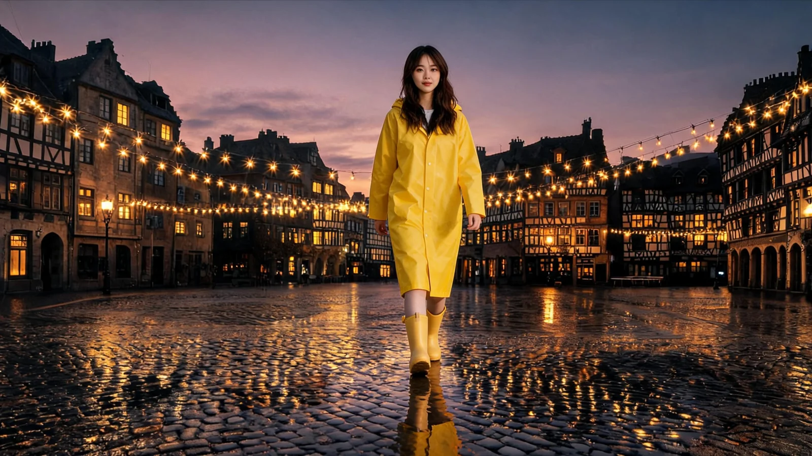 place the woman from the first image in the square from the second image, walking toward the camera, her raincoat catching the warm string lights, wet stones reflecting her figure, keep the dusk mood