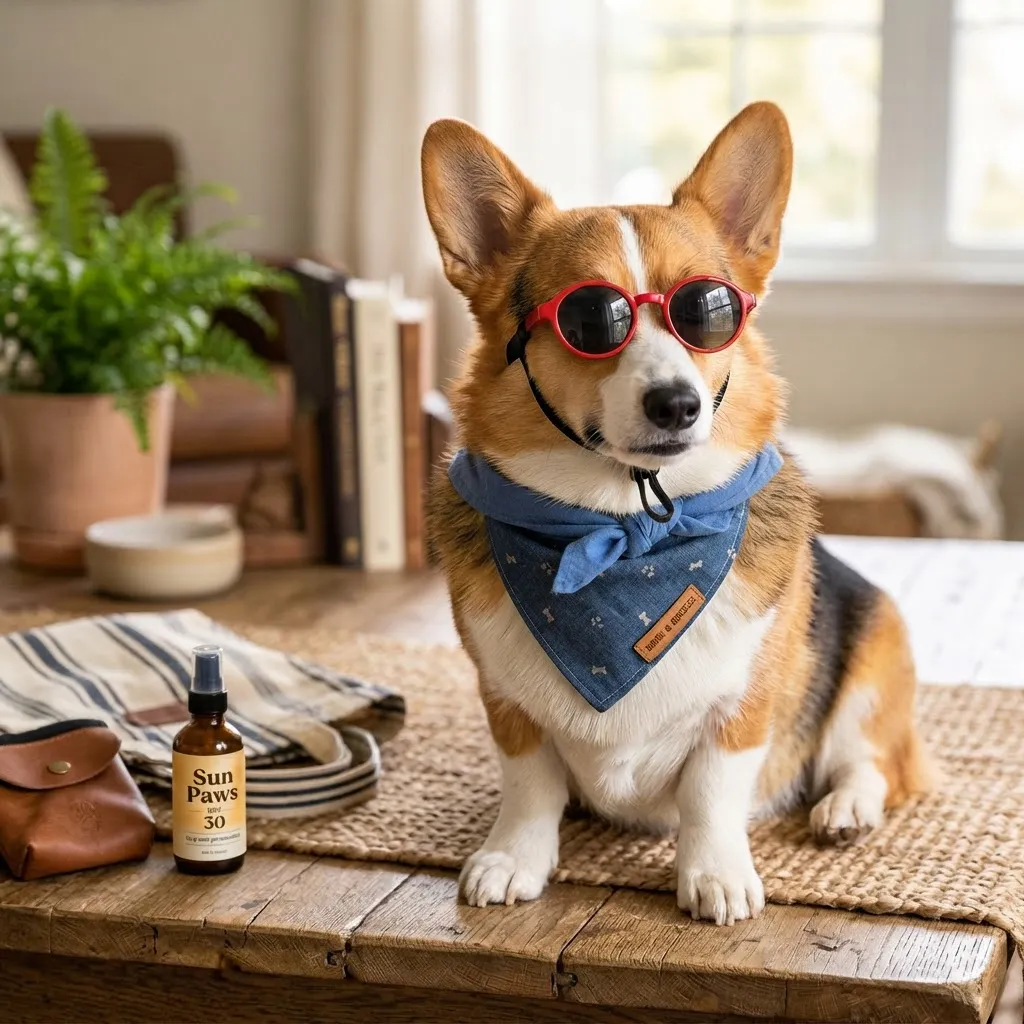 Change the sunglasses to red frames and add a small blue bandana around the neck. Keep the dog, pose, lighting and background identical.