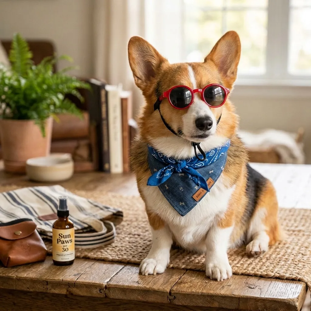 Change the sunglasses to red frames and add a small blue bandana around the neck. Keep the dog, pose, lighting and background identical.