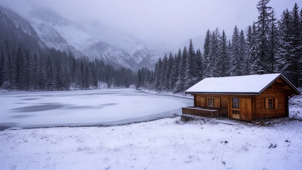 turn the scene to deep winter, snow covering the meadow and cabin roof, frozen lake edge, soft overcast light, keep the cabin, trees and framing