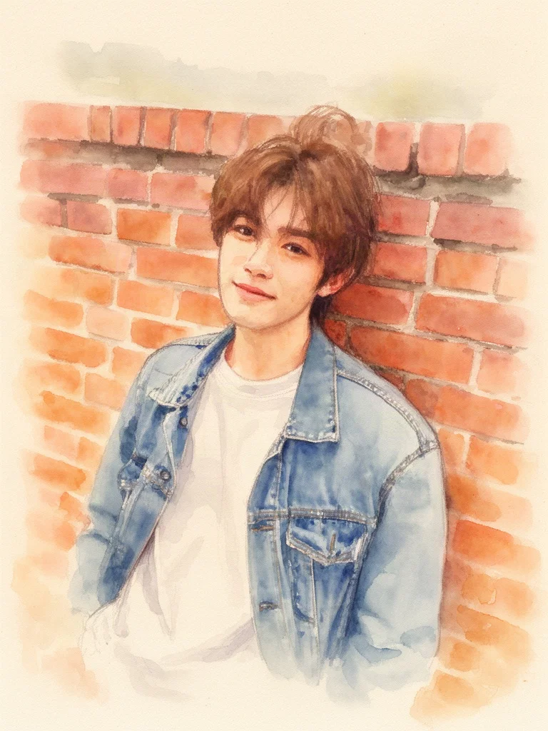 redraw this photo as a soft watercolor illustration with loose brush strokes and warm paper texture, keep the pose, denim jacket, brick wall and framing