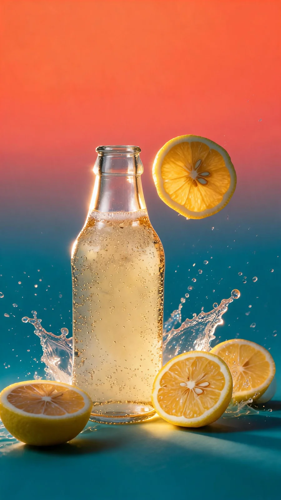 turn this product photo into a bold festival poster, saturated coral and teal gradient background, dramatic rim light on the bottle, scattered yuzu slices and juice splashes, leave clear empty space at the top for a headline, no text